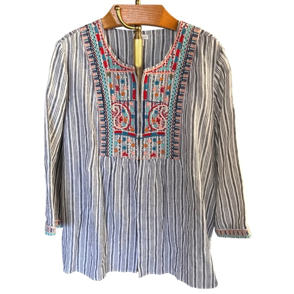 J. Jill Tops - J. Jill Love Linen Blue and White Striped Tunic with Embroidered Details XL